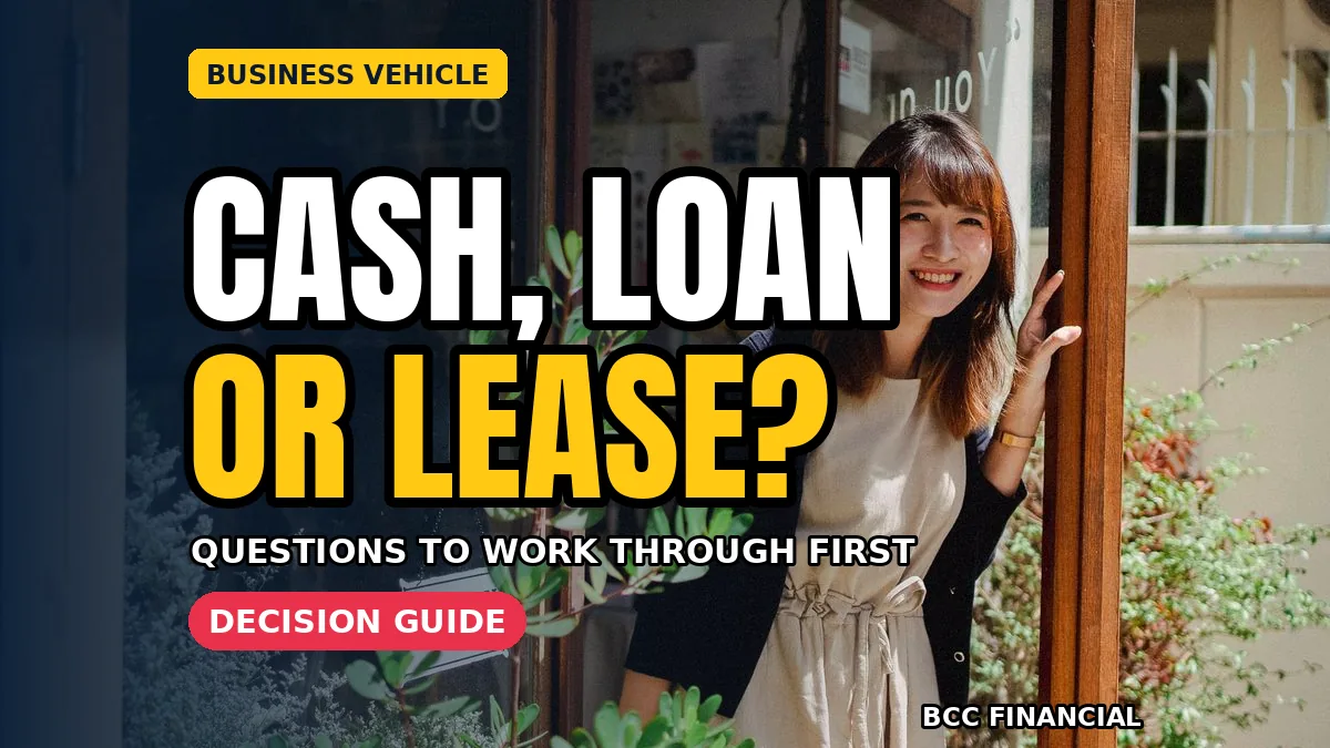 Owner comparing buying a business vehicle finance options beside a work van