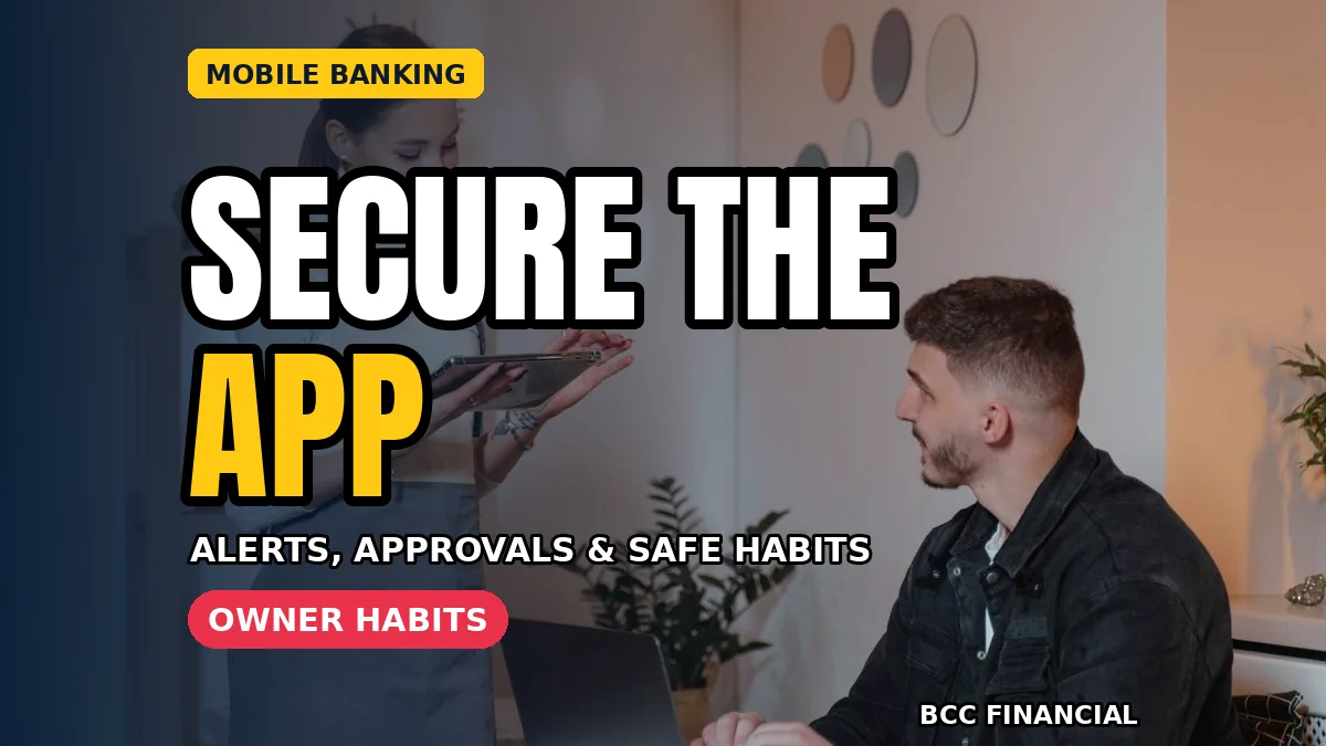 Business owner reviewing business mobile banking security alerts on a phone at the shop counter