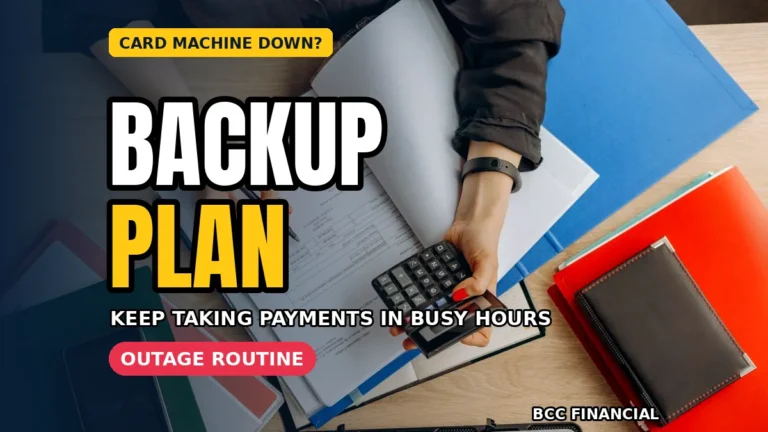 Shop team using a card machine offline backup payment plan at a busy counter with a clear sign