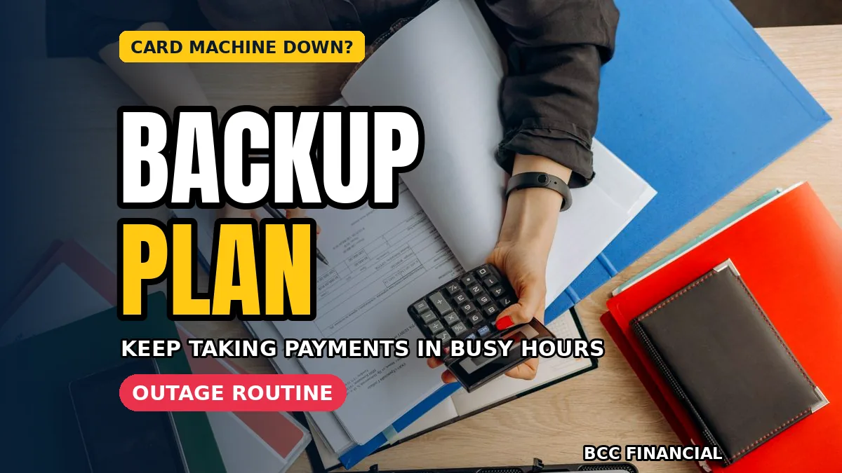 Shop team using a card machine offline backup payment plan at a busy counter with a clear sign