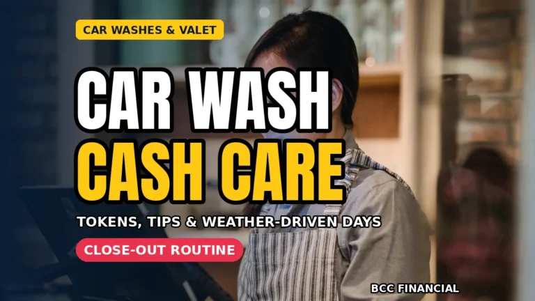Owner counting daily takings while explaining cash collection car wash valet business routines at a service counter