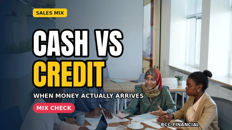 Owner comparing two sales columns that show cash vs credit sales mix cash flow on a simple monthly chart