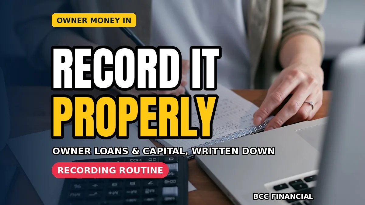 Designed graphic about owner loan to own business records showing an owner writing down a loan amount and date in the business ledger