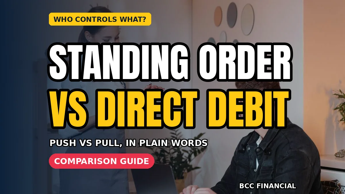 Designed graphic about standing order vs direct debit business payments showing an owner reviewing regular bills at a desk