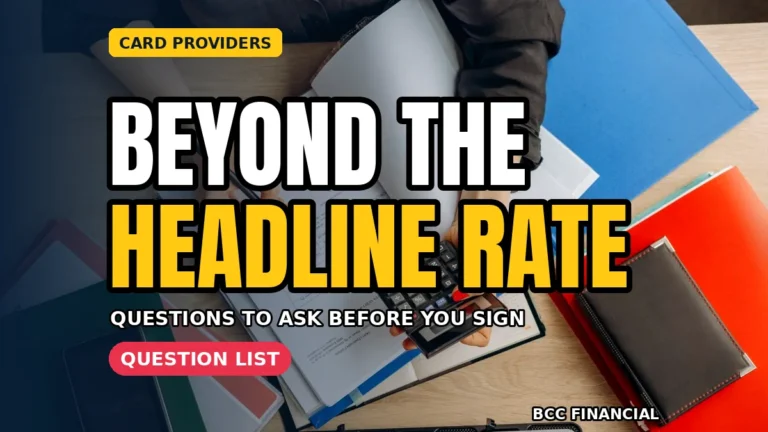 Designed graphic about choosing a card payment provider questions showing a cafe owner reading a provider contract carefully