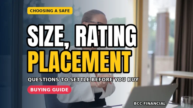 Designed graphic about choosing a business safe basics showing an owner measuring a back-office space for a floor safe