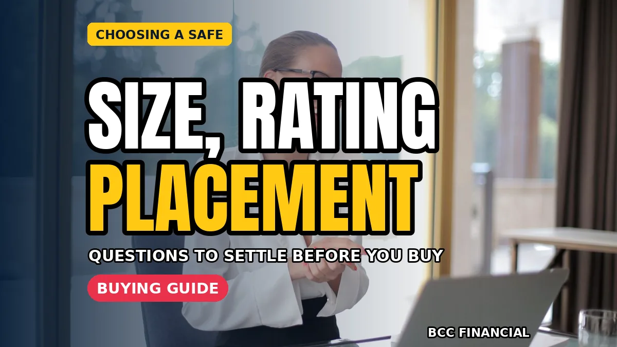 Designed graphic about choosing a business safe basics showing an owner measuring a back-office space for a floor safe