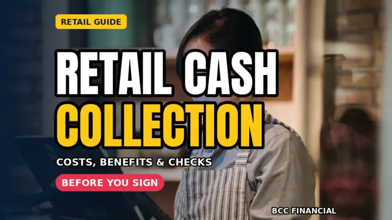 Cash collection services for retail stores: a cashier in an apron serving customers at a retail store checkout