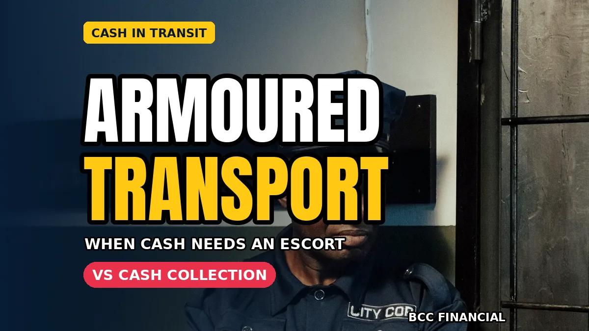 Cash collection: a uniformed security officer standing guard for a cash-in-transit service