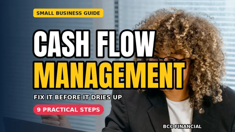 How to improve cash flow management: a businesswoman at her office desk reviewing cash flow figures with laptop and charts