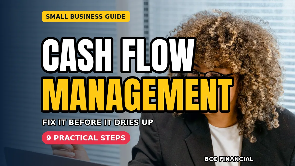 How to improve cash flow management: a businesswoman at her office desk reviewing cash flow figures with laptop and charts