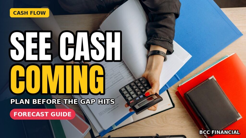 Cash flow forecast: an accountant reviewing a printed financial report with a calculator and wallet nearby