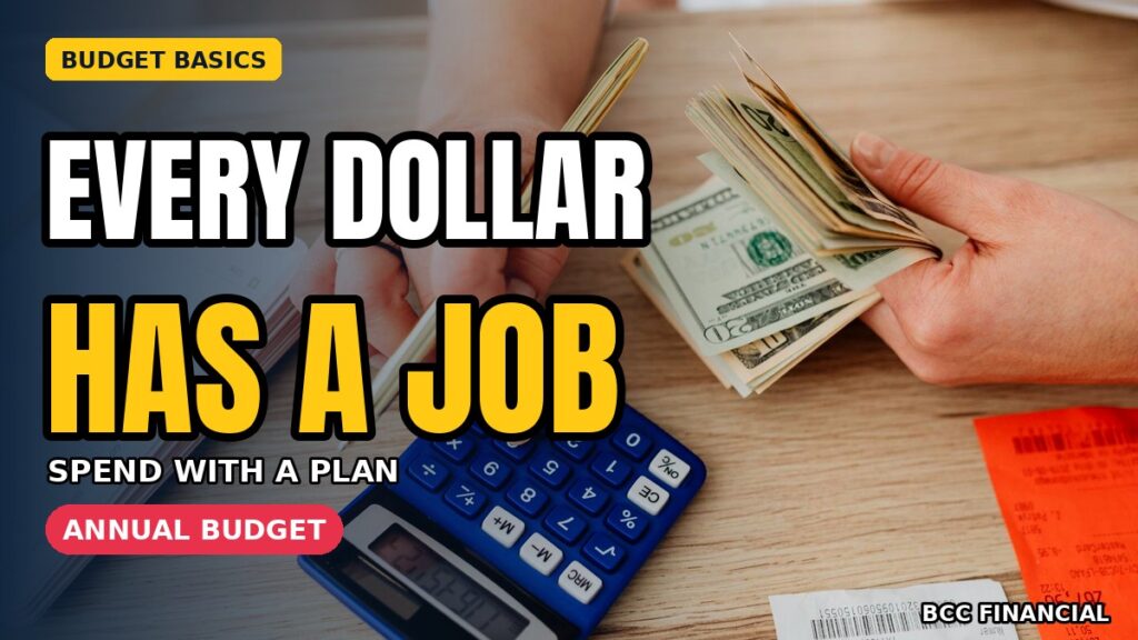 Business budget planning: hands counting dollar bills next to a calculator while budgeting