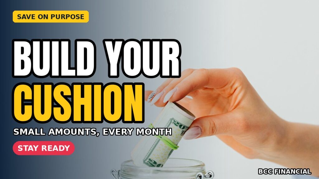 Emergency fund for businesses: a hand placing rolled dollar bills into a glass savings jar