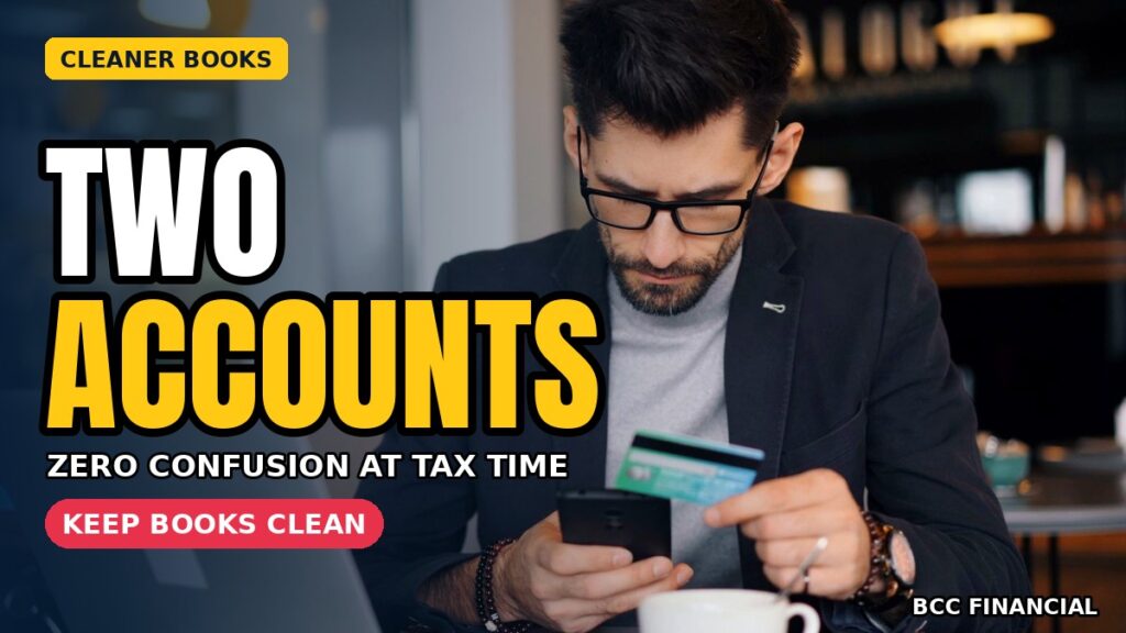 Business bank account vs personal: a man with glasses holding a credit card while checking his phone
