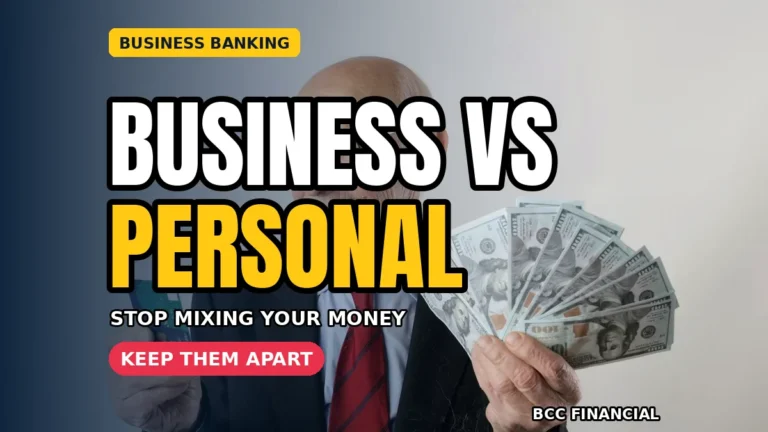 Business bank account vs personal: a businessman in a suit holding a fan of cash and a credit card