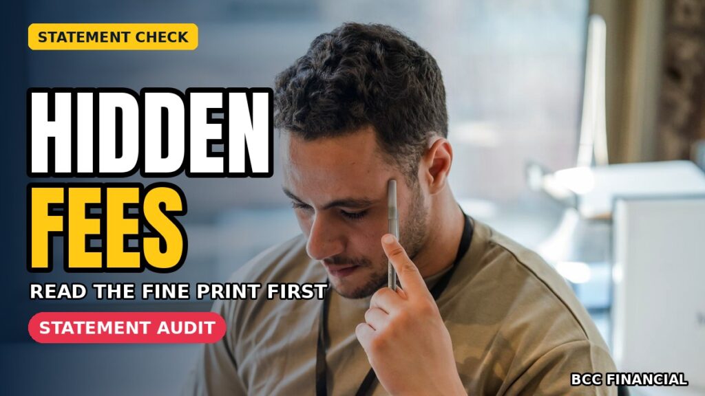 Reduce bank fees: a businessman reading through documents to check for charges