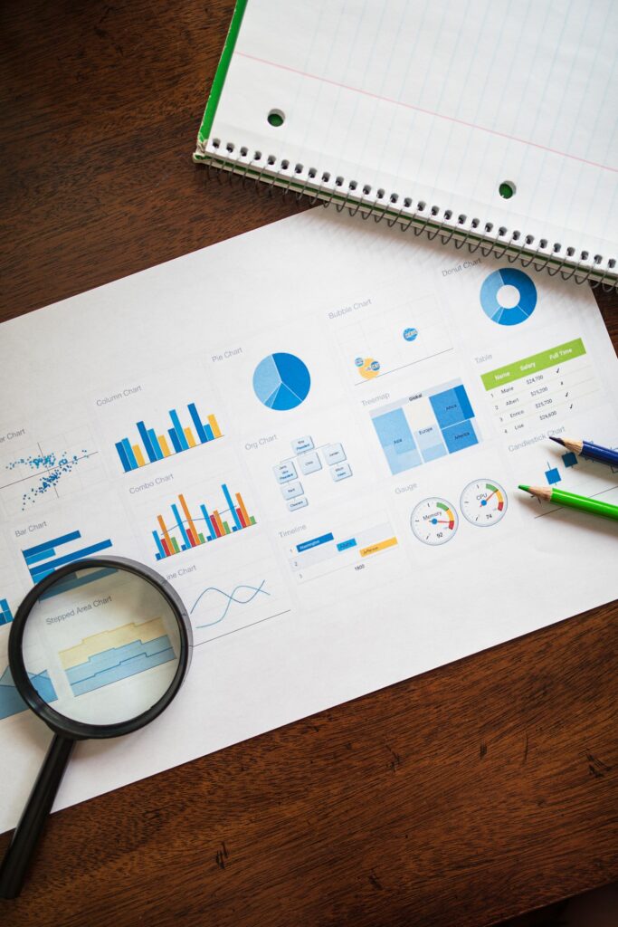 Financial papers with charts reviewed under a magnifying glass