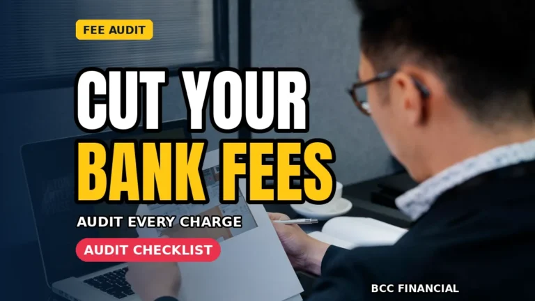 Reduce bank fees: a businessman reviewing documents and figures on a laptop at his desk