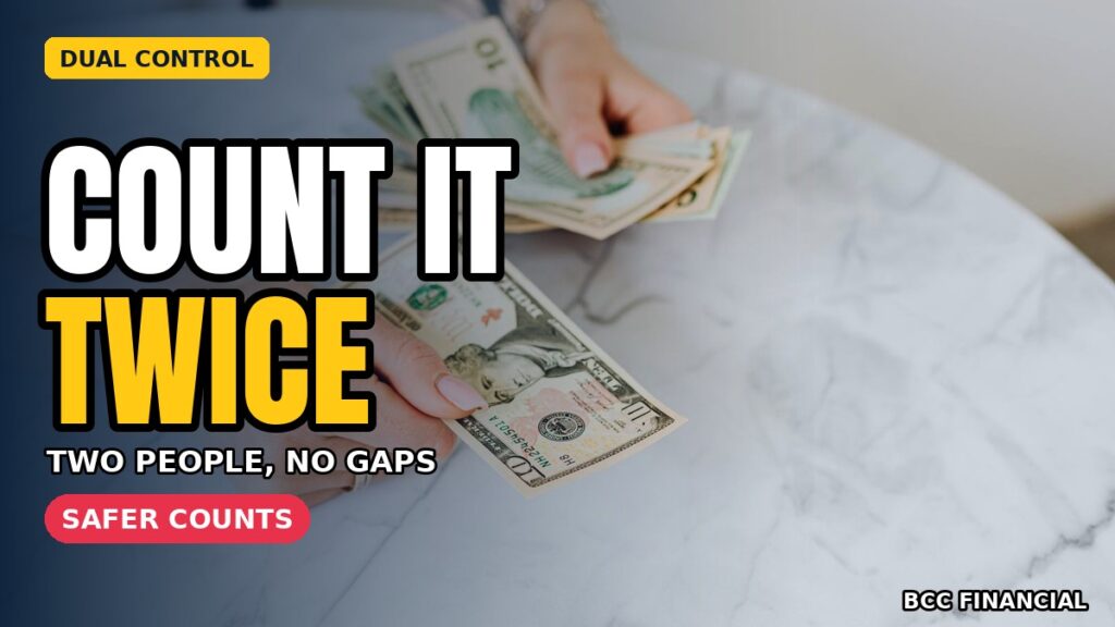 Cash handling security: hands counting US dollar bills on a marble table during a cash count