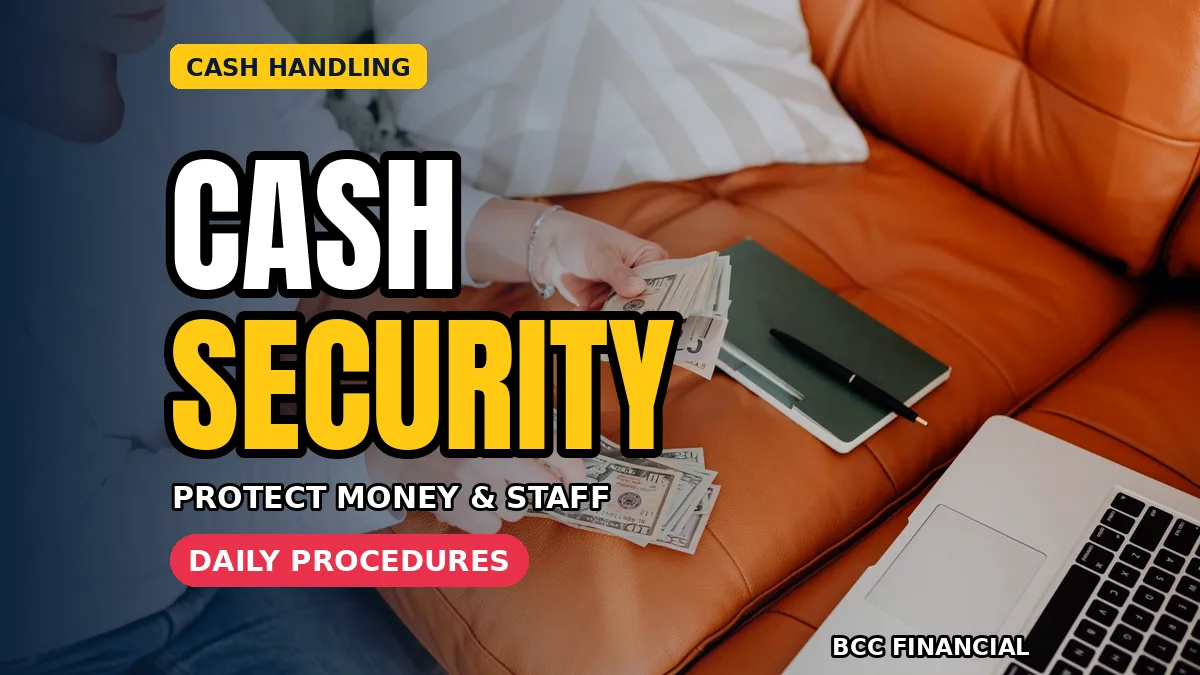Cash handling security: a person counting dollar bills on a couch with a notebook and laptop