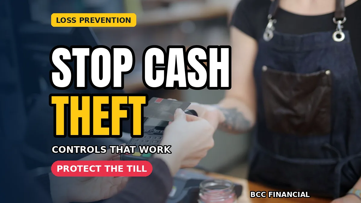 Prevent employee cash theft: a cashier holding a payment card at the store till